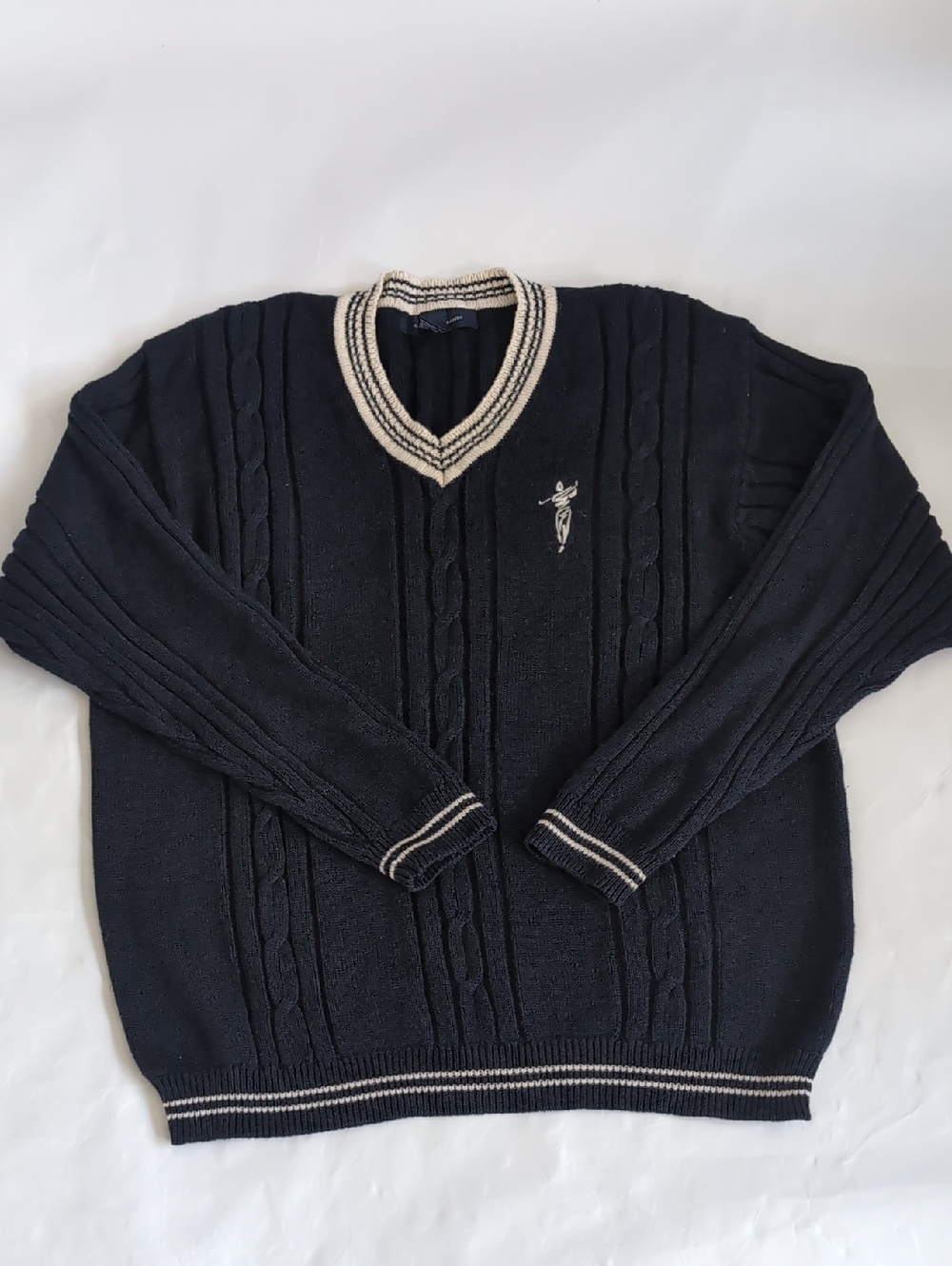 Men's Navy V-Neck Cable Knit Cotton Sweater - XL